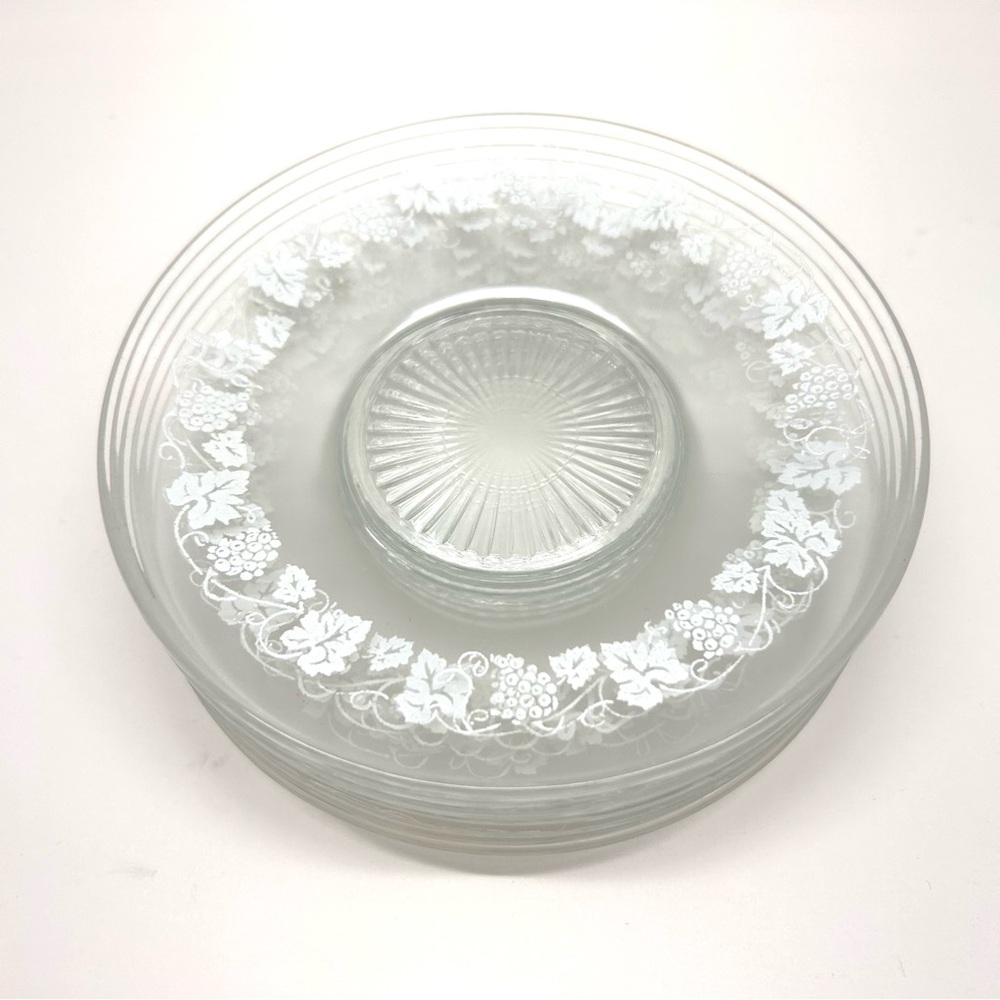 Anchor Hocking Clear Glass White Grape Vine Leaf Saucer Vtg Plates Set 7
